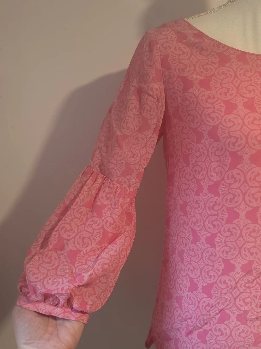Lilly Pulitzer Pink Patterned Boatneck Puff 3/4 Sleeve Blouse Women's Size 2